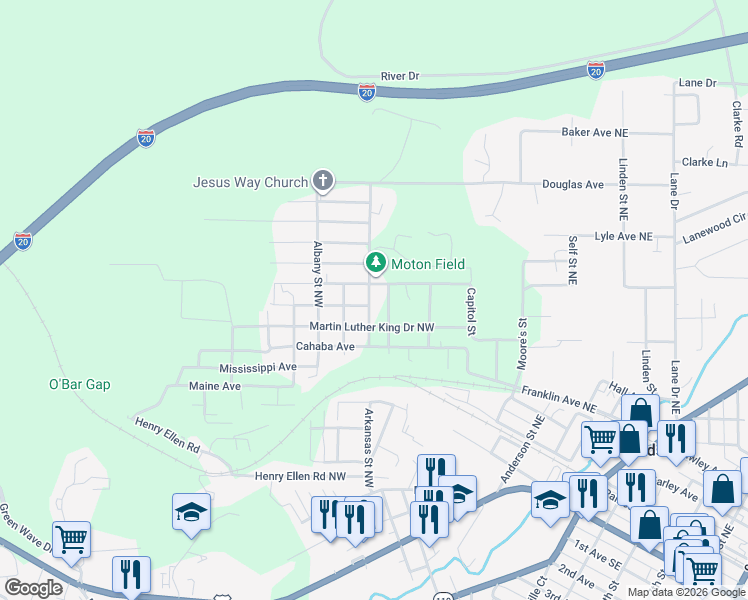 map of restaurants, bars, coffee shops, grocery stores, and more near 1625 Moton Street in Leeds