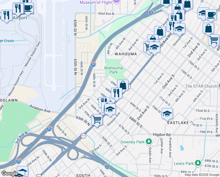 map of restaurants, bars, coffee shops, grocery stores, and more near 205 68th Place North in Birmingham