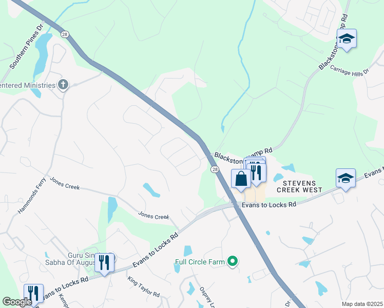 map of restaurants, bars, coffee shops, grocery stores, and more near 4306 Colony Square in Evans