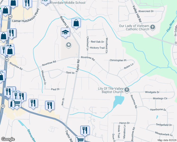 map of restaurants, bars, coffee shops, grocery stores, and more near 7367 Rountree Drive in Riverdale