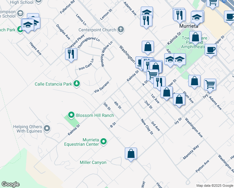 map of restaurants, bars, coffee shops, grocery stores, and more near 24605 New Clay Street in Murrieta