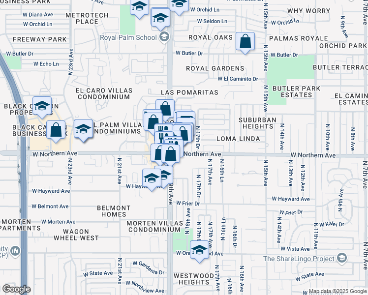map of restaurants, bars, coffee shops, grocery stores, and more near 1810 West Northern Avenue in Phoenix