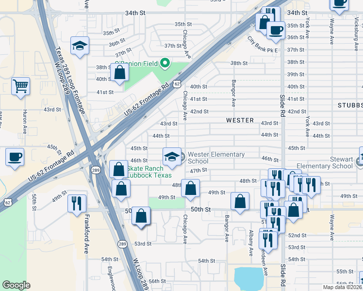 map of restaurants, bars, coffee shops, grocery stores, and more near 5440 45th Street in Lubbock