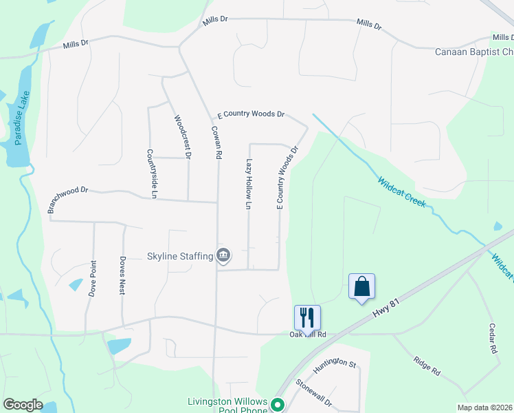 map of restaurants, bars, coffee shops, grocery stores, and more near 110 Lazy Hollow Lane in Covington