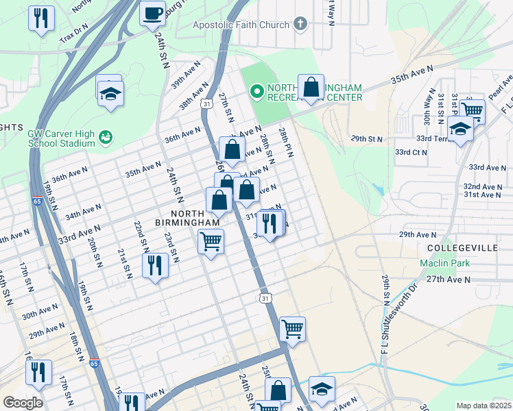 map of restaurants, bars, coffee shops, grocery stores, and more near 3110 27th Street North in Birmingham