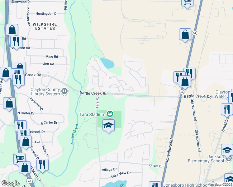 map of restaurants, bars, coffee shops, grocery stores, and more near 1110 Battle Creek Road in Jonesboro