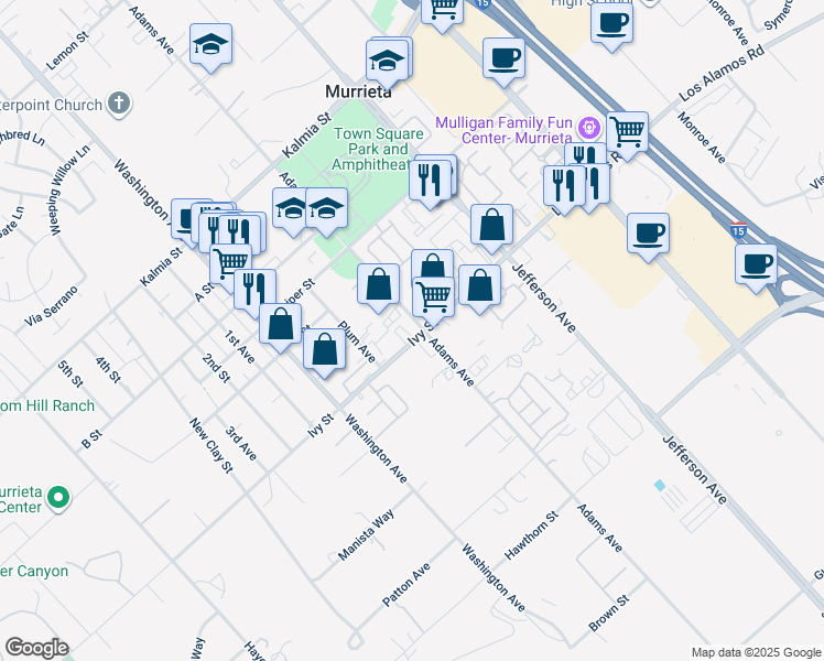 map of restaurants, bars, coffee shops, grocery stores, and more near 41763 Ivy Street in Murrieta