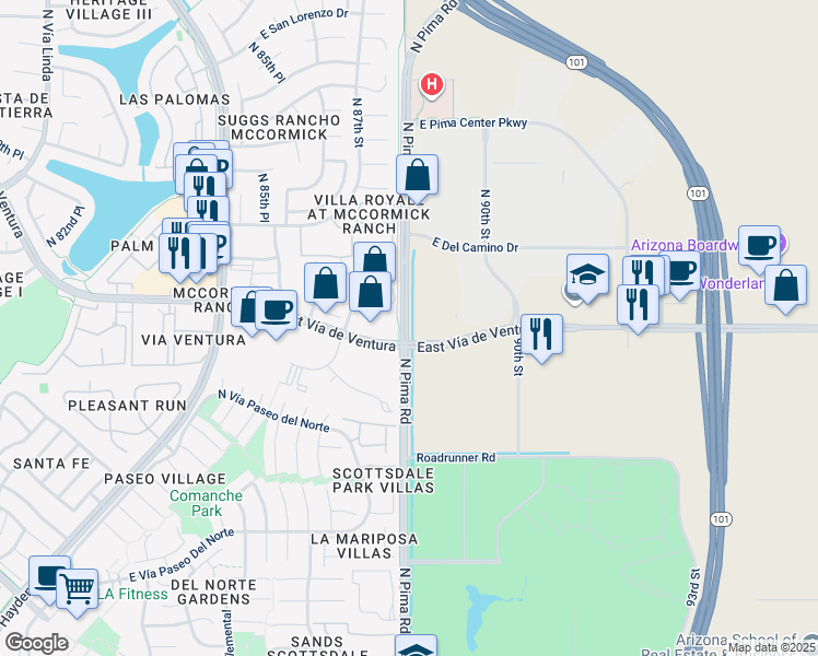 map of restaurants, bars, coffee shops, grocery stores, and more near 8076 North Pima Road in Scottsdale