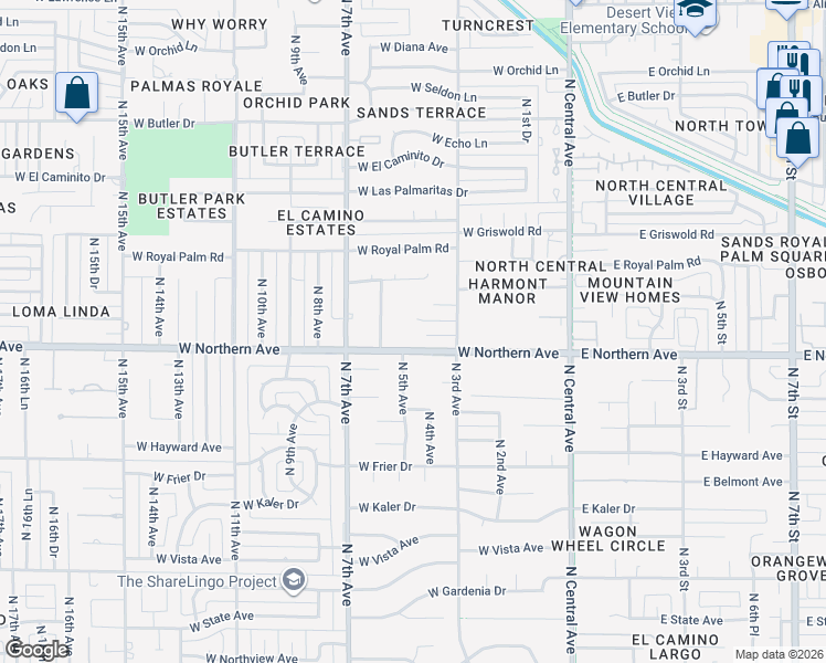 map of restaurants, bars, coffee shops, grocery stores, and more near 333 West Loma Lane in Phoenix