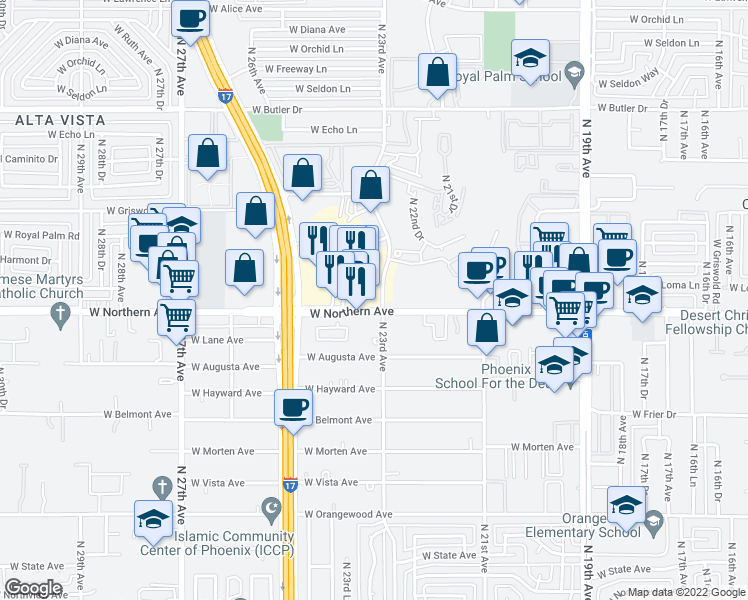 map of restaurants, bars, coffee shops, grocery stores, and more near 2302 W Northern Ave in Phoenix