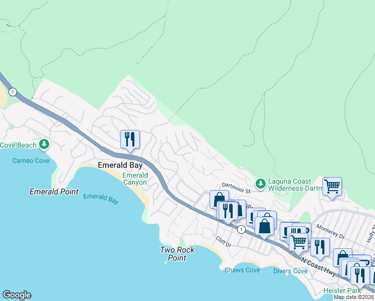 map of restaurants, bars, coffee shops, grocery stores, and more near 437 Emerald Bay in Laguna Beach