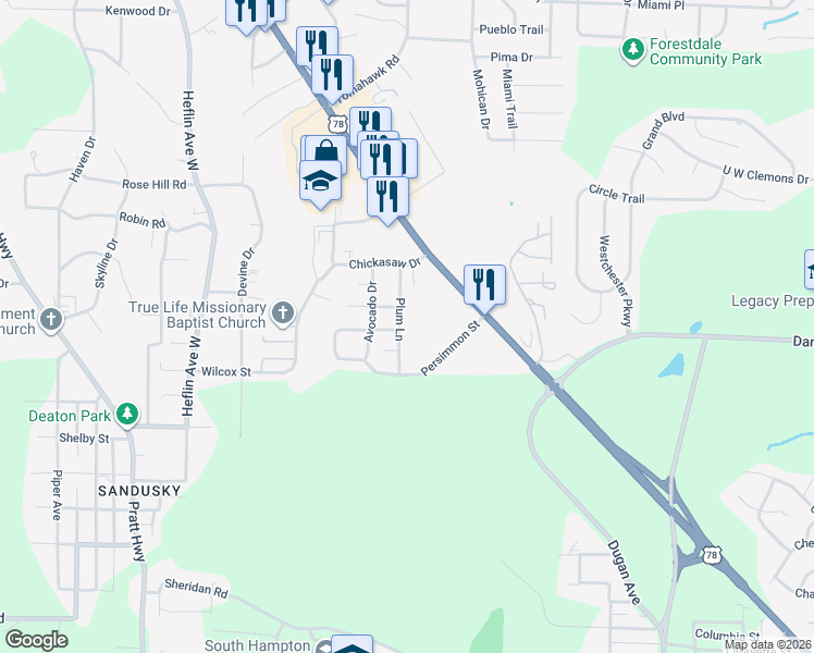 map of restaurants, bars, coffee shops, grocery stores, and more near 1025 Plum Lane in Birmingham