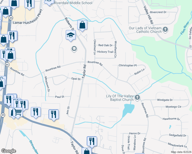 map of restaurants, bars, coffee shops, grocery stores, and more near 7367 Rountree Drive in Riverdale
