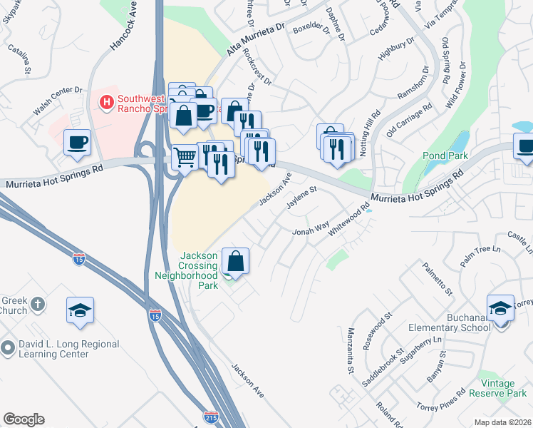 map of restaurants, bars, coffee shops, grocery stores, and more near 26291 Avery Place in Murrieta