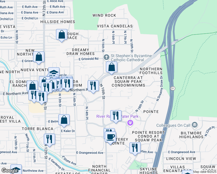 map of restaurants, bars, coffee shops, grocery stores, and more near 8001 North 16th Street in Phoenix
