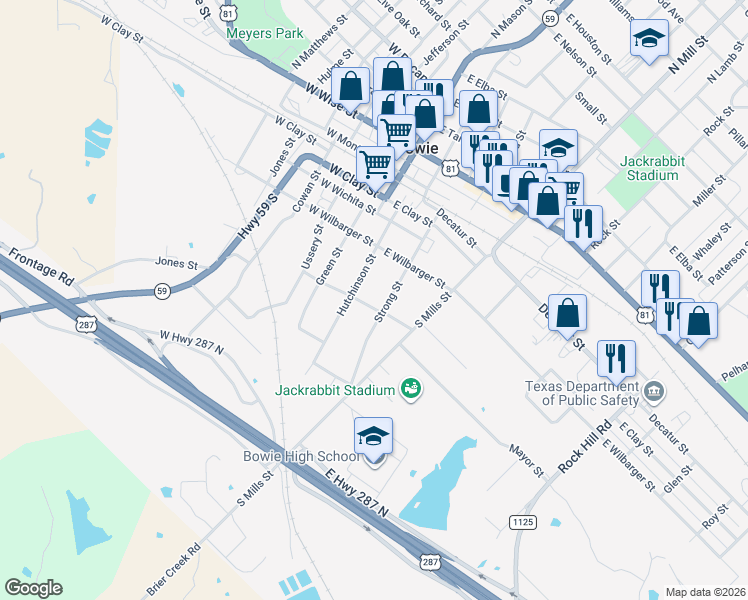 map of restaurants, bars, coffee shops, grocery stores, and more near 106 East Riley Street in Bowie