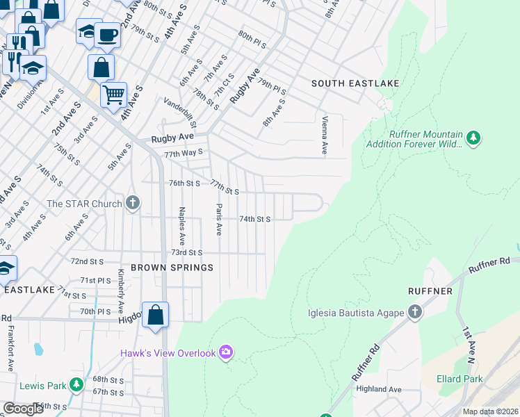 map of restaurants, bars, coffee shops, grocery stores, and more near 7413 Rome Avenue in Birmingham