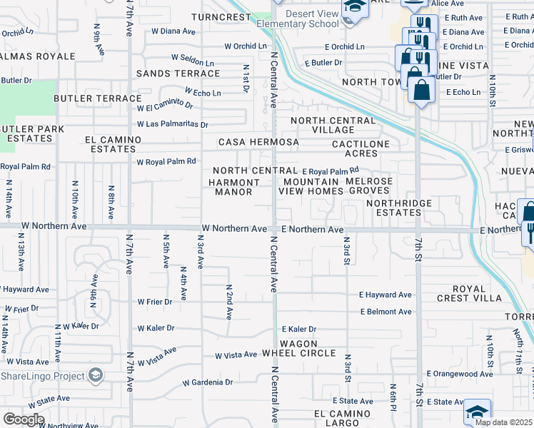 map of restaurants, bars, coffee shops, grocery stores, and more near 8000 North Central Avenue in Phoenix