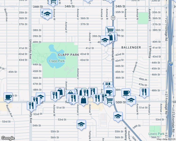 map of restaurants, bars, coffee shops, grocery stores, and more near 2010 45th Street in Lubbock