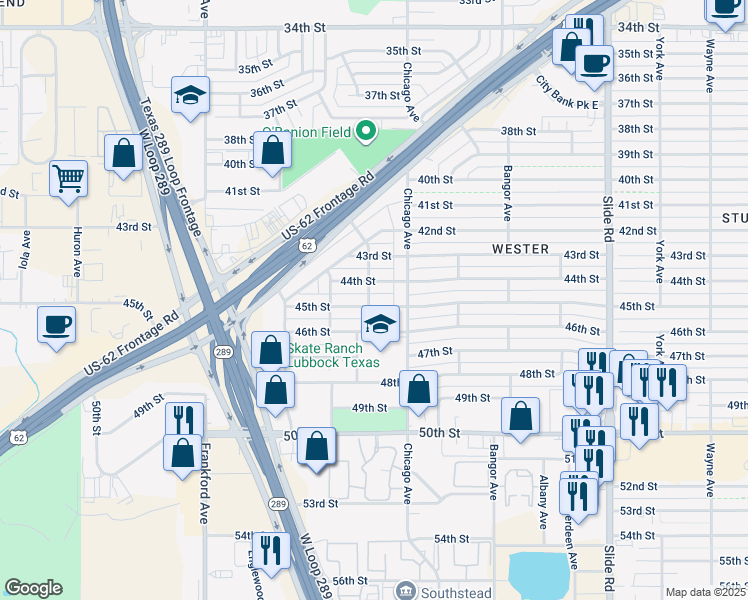 map of restaurants, bars, coffee shops, grocery stores, and more near 5514 45th Street in Lubbock