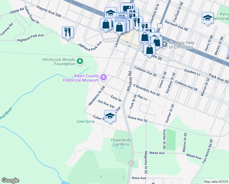map of restaurants, bars, coffee shops, grocery stores, and more near 129 First Avenue Southwest in Aiken
