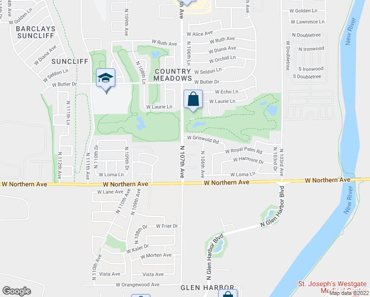 map of restaurants, bars, coffee shops, grocery stores, and more near 97 North 107th Avenue in Peoria