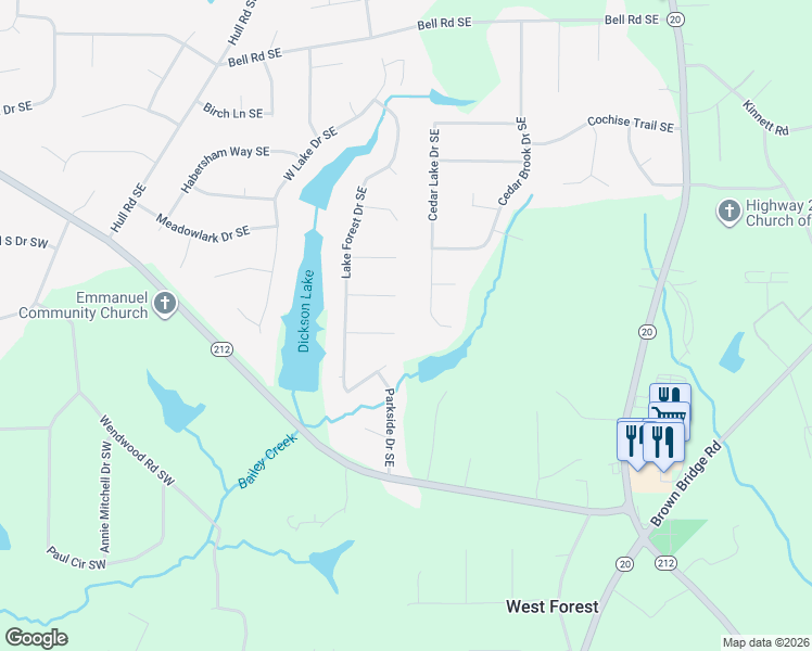 map of restaurants, bars, coffee shops, grocery stores, and more near 634 Knollwood Circle Southeast in Conyers