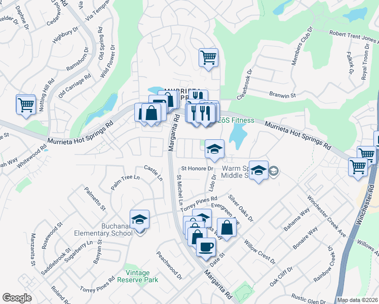 map of restaurants, bars, coffee shops, grocery stores, and more near 26259 Douglass Union Lane in Murrieta