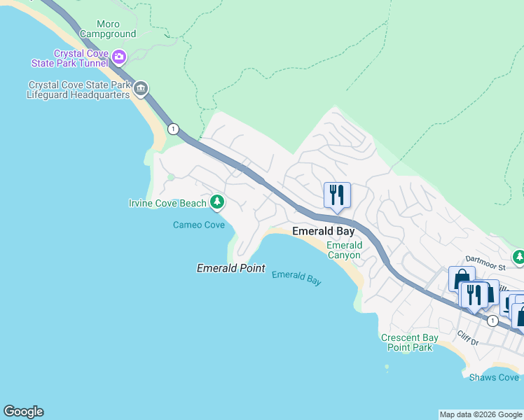 map of restaurants, bars, coffee shops, grocery stores, and more near 136 Emerald Bay in Laguna Beach