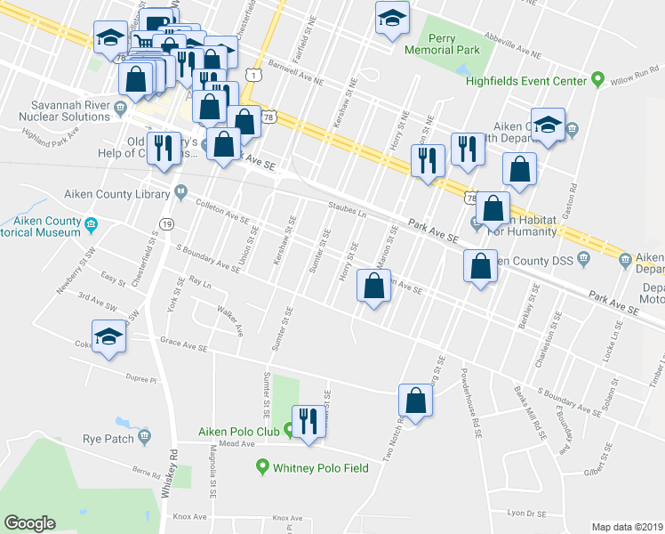 map of restaurants, bars, coffee shops, grocery stores, and more near 621 Colleton Avenue Southeast in Aiken
