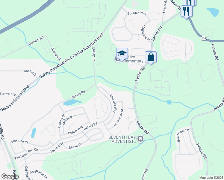 map of restaurants, bars, coffee shops, grocery stores, and more near 105 Gardenia Court in Fairburn