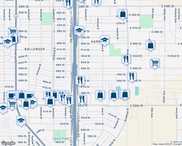 map of restaurants, bars, coffee shops, grocery stores, and more near 518 45th Street in Lubbock