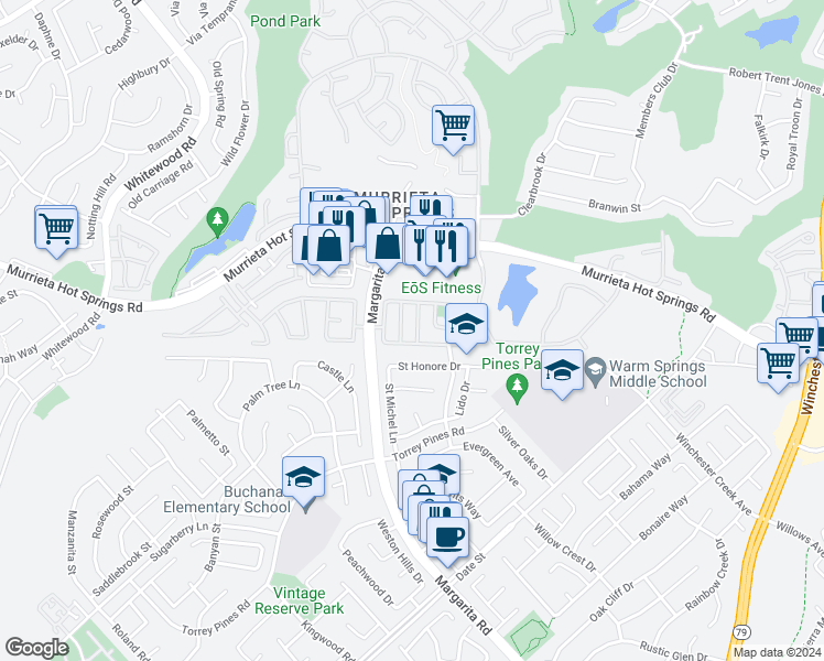map of restaurants, bars, coffee shops, grocery stores, and more near 26259 Douglass Union Lane in Murrieta