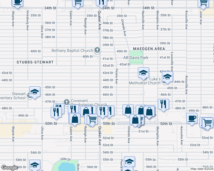 map of restaurants, bars, coffee shops, grocery stores, and more near 4312 45th Street in Lubbock