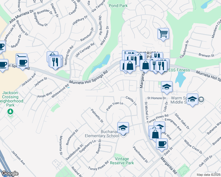 map of restaurants, bars, coffee shops, grocery stores, and more near 39697 School House Way in Murrieta