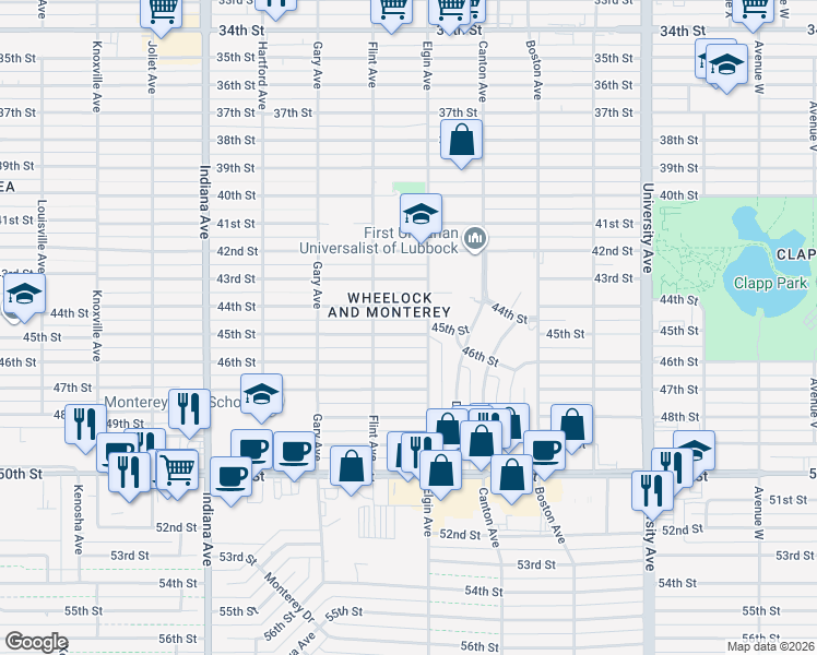 map of restaurants, bars, coffee shops, grocery stores, and more near 3010 45th Street in Lubbock