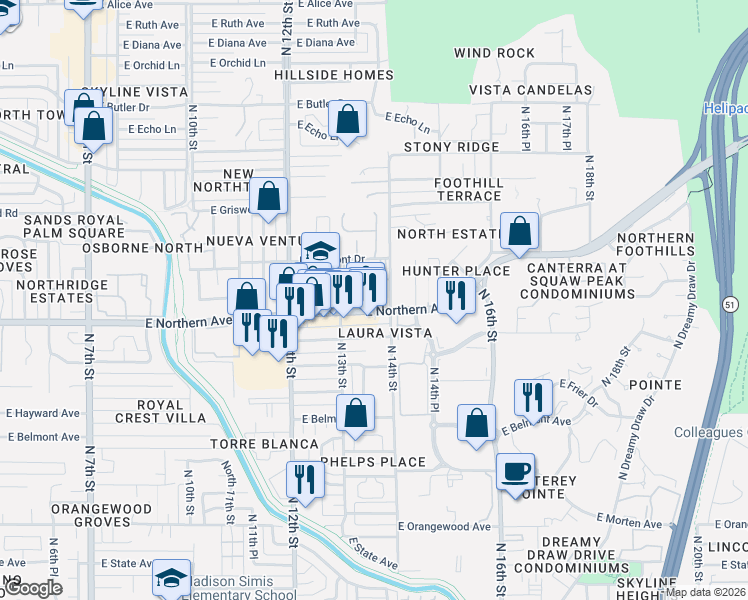 map of restaurants, bars, coffee shops, grocery stores, and more near 1350 East Northern Avenue in Phoenix