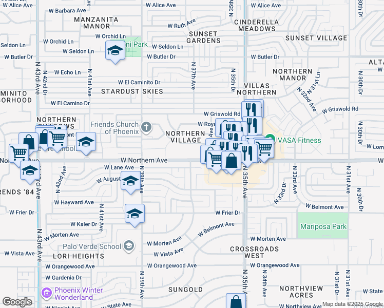 map of restaurants, bars, coffee shops, grocery stores, and more near 3708 West Northern Avenue in Phoenix