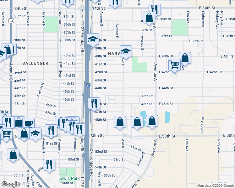 map of restaurants, bars, coffee shops, grocery stores, and more near 502 44th Street in Lubbock