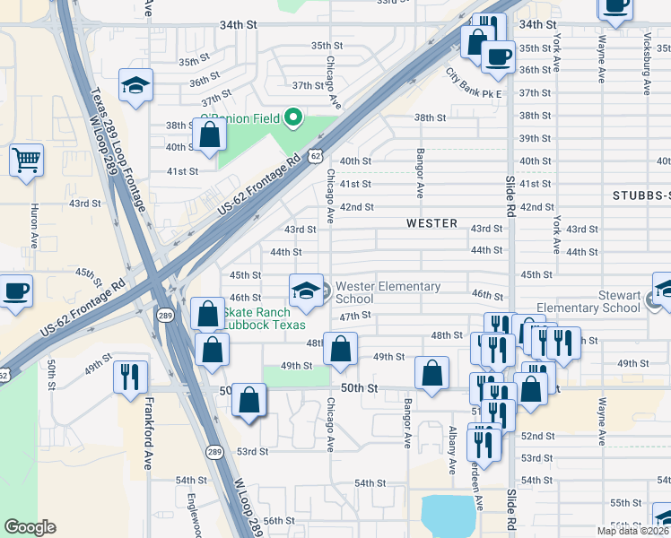 map of restaurants, bars, coffee shops, grocery stores, and more near 5440 45th Street in Lubbock