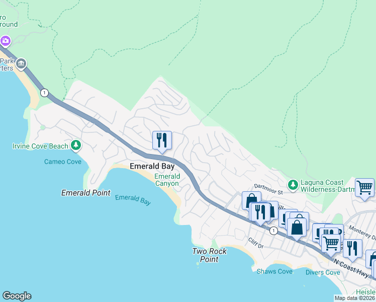 map of restaurants, bars, coffee shops, grocery stores, and more near 326 Emerald Bay in Laguna Beach