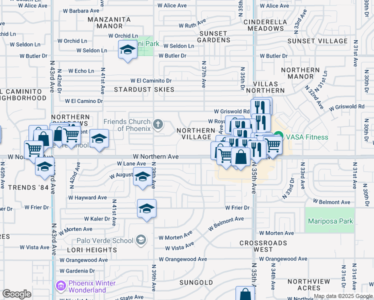 map of restaurants, bars, coffee shops, grocery stores, and more near 3712 West Northern Avenue in Phoenix