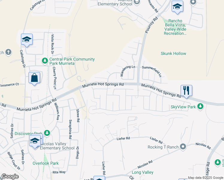 map of restaurants, bars, coffee shops, grocery stores, and more near 39041 New meadow Drive in Temecula