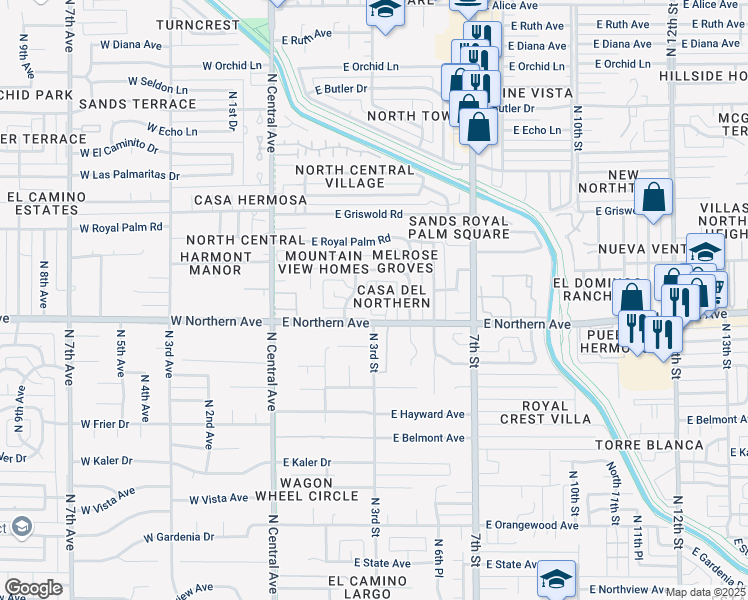 map of restaurants, bars, coffee shops, grocery stores, and more near 8046 North 3rd Place in Phoenix