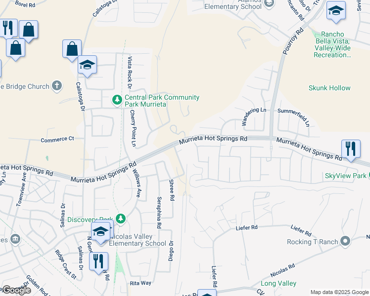 map of restaurants, bars, coffee shops, grocery stores, and more near 30992 Sanjay Court in Temecula