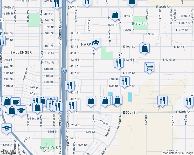 map of restaurants, bars, coffee shops, grocery stores, and more near 410 45th Street in Lubbock