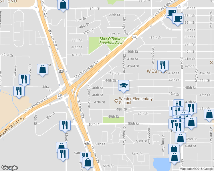 map of restaurants, bars, coffee shops, grocery stores, and more near 5608 45th Street in Lubbock