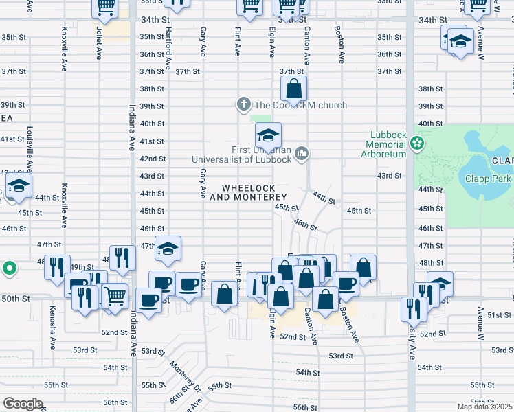 map of restaurants, bars, coffee shops, grocery stores, and more near 3010 45th Street in Lubbock