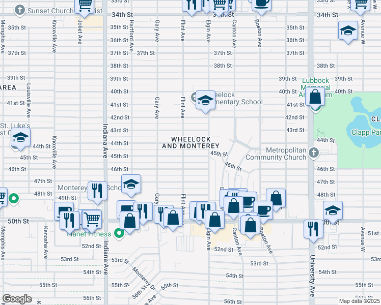 map of restaurants, bars, coffee shops, grocery stores, and more near 3016 45th Street in Lubbock