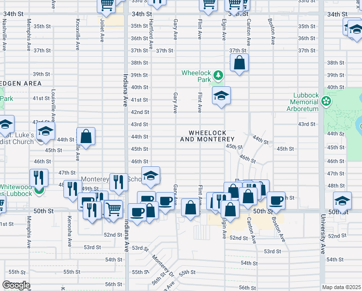 map of restaurants, bars, coffee shops, grocery stores, and more near 3116 45th Street in Lubbock